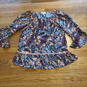Cinched wide neck paisley boho blouse